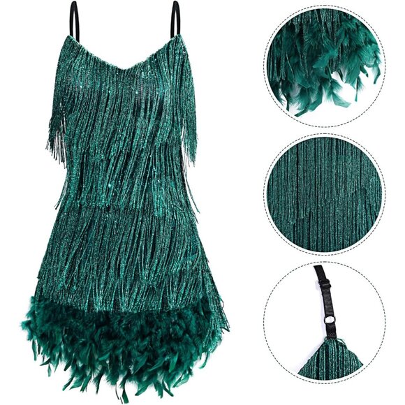 1920s Flapper Accessories Set Women's Costume Vintage Sequined Dress Feather Boa - Picture 4 of 6